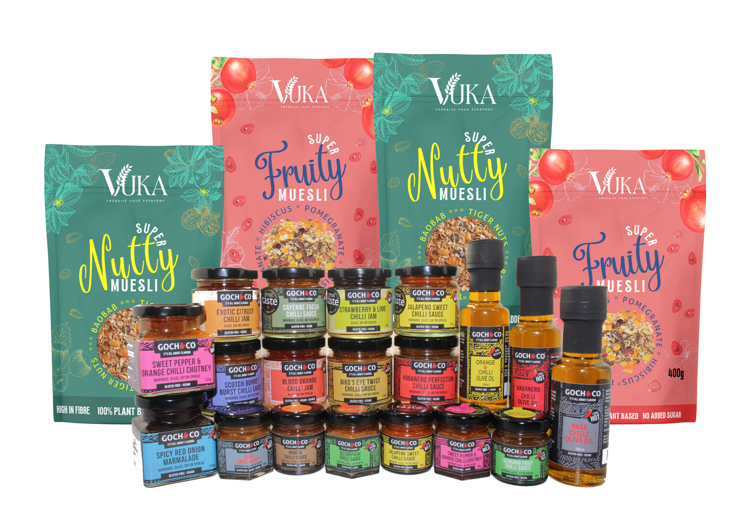 Vuka Super Muesli, Goch & Co Jams, Chilli Sauces, Chilli Chutney, Chilli Olive Oils