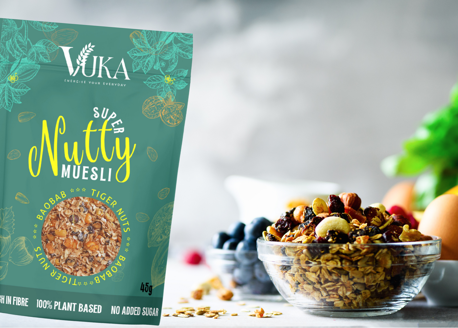 Vuka Super Nutty Muesli rich in protein served in a bowl with lots of nuts 