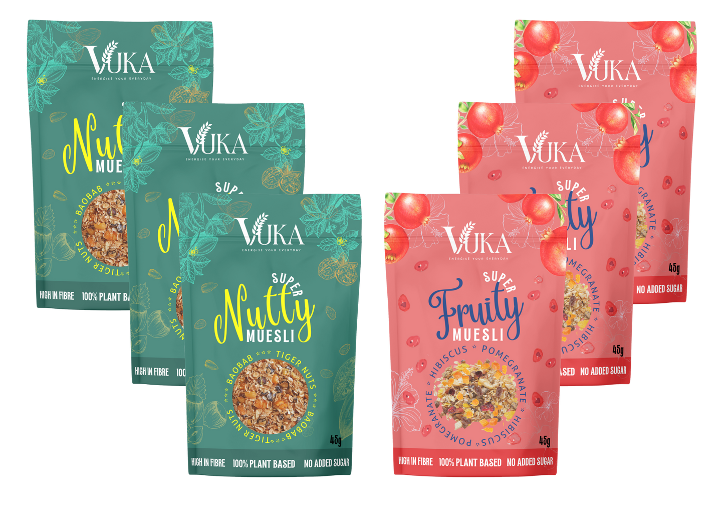 Goch & Co's VUKA  Super nutty muesli and super fruity muesli 45g packs