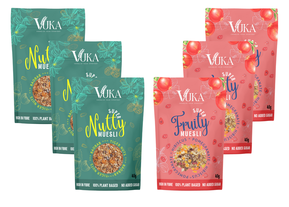 Goch & Co's VUKA  Super nutty muesli and super fruity muesli 45g packs