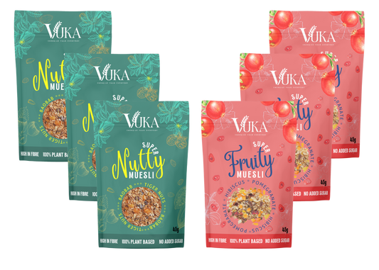 Goch & Co's VUKA  Super nutty muesli and super fruity muesli 45g packs