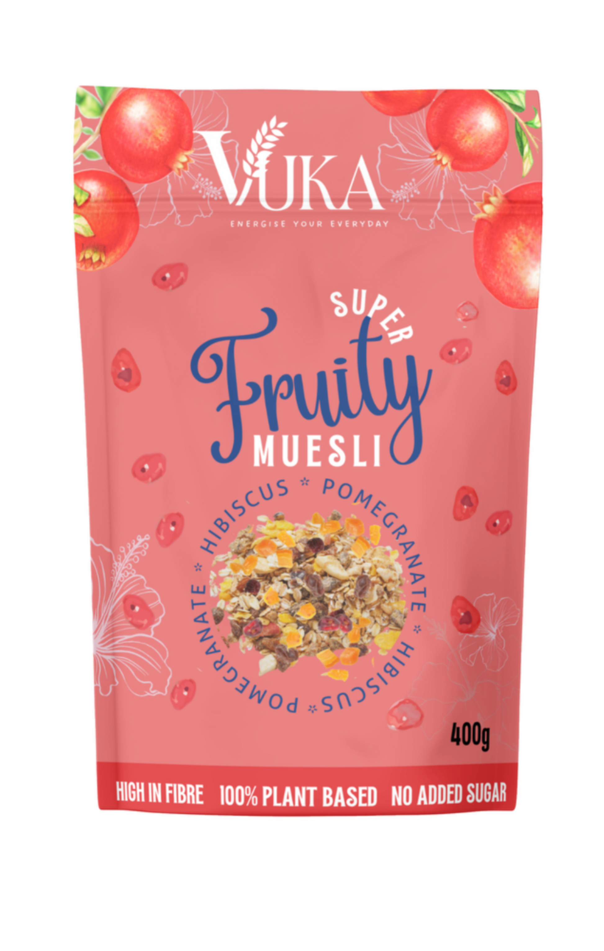 Super Fruity Muesli with Hibiscus and Pomegranate 400g, 100% recyclable pack, 100% plant-based, no added sugar, high in fibre