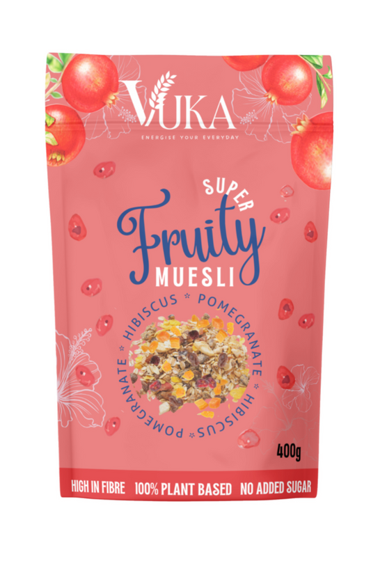 Super Fruity Muesli with Hibiscus and Pomegranate 400g, 100% recyclable pack, 100% plant-based, no added sugar, high in fibre