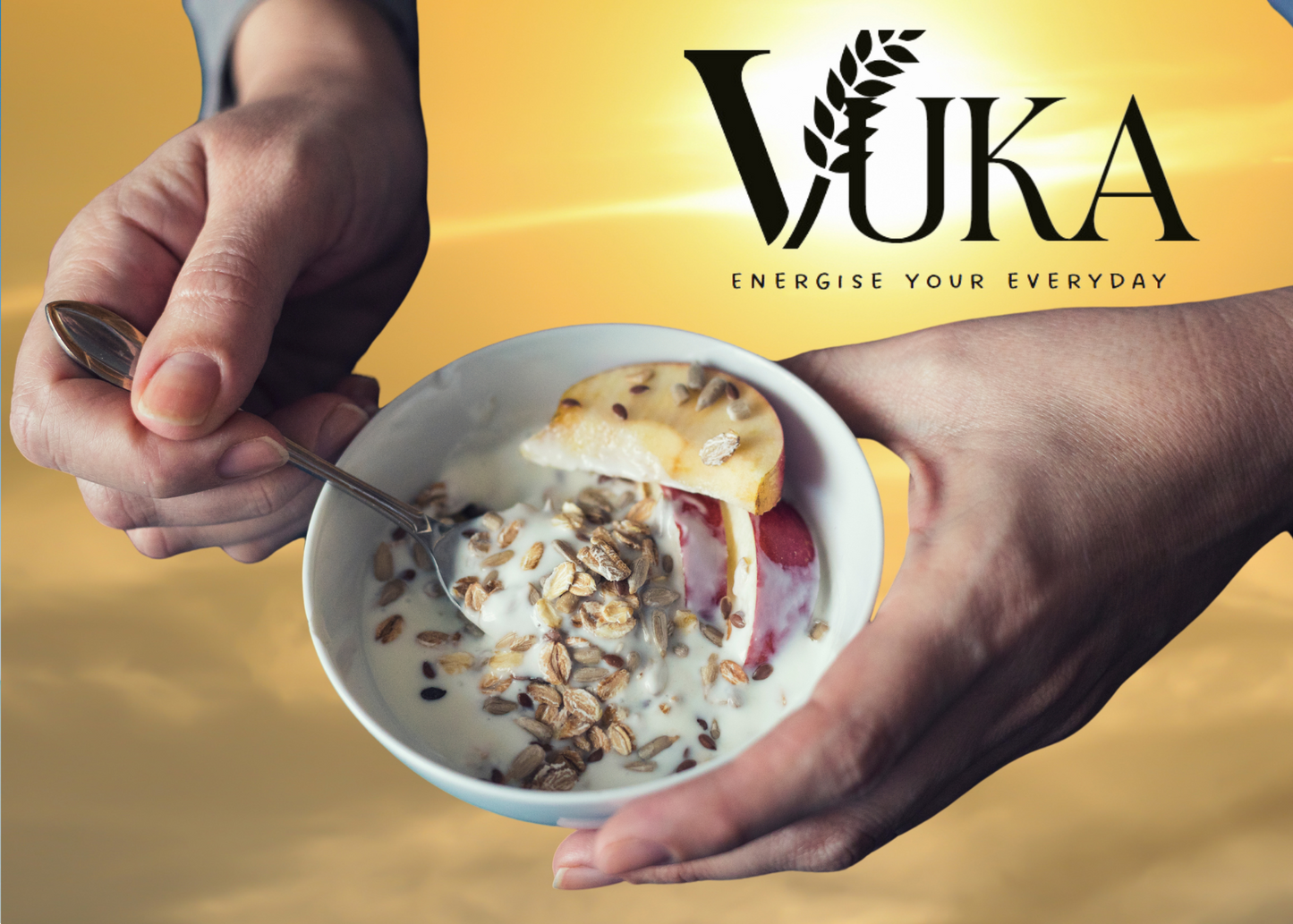 bowl of Goch & Co's VUKA premium nutty muesli with apple slices